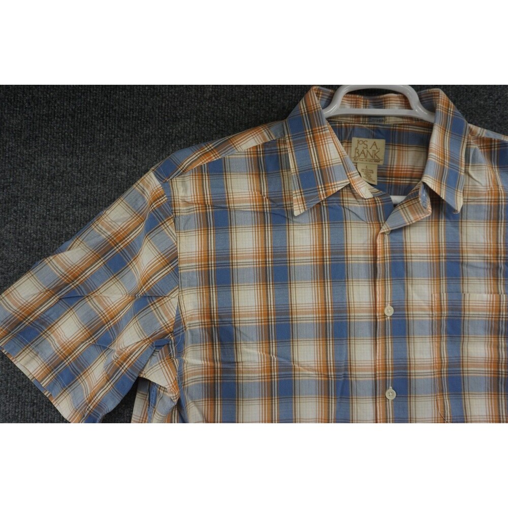 Jos A Bank Shirt Mens Large Short Sleeve Button Up Orange Blue Plaid